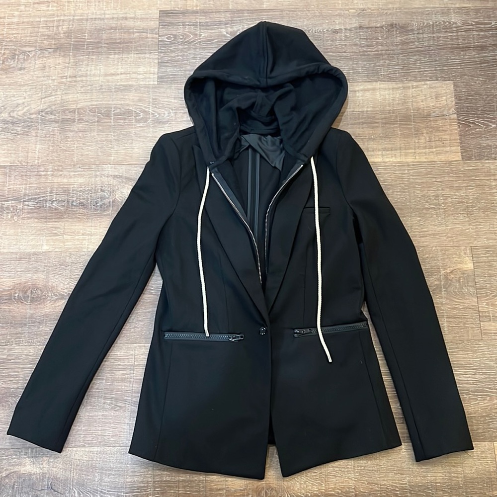 Black Central Park West Blazer with removable inserted hooded sweatshirt